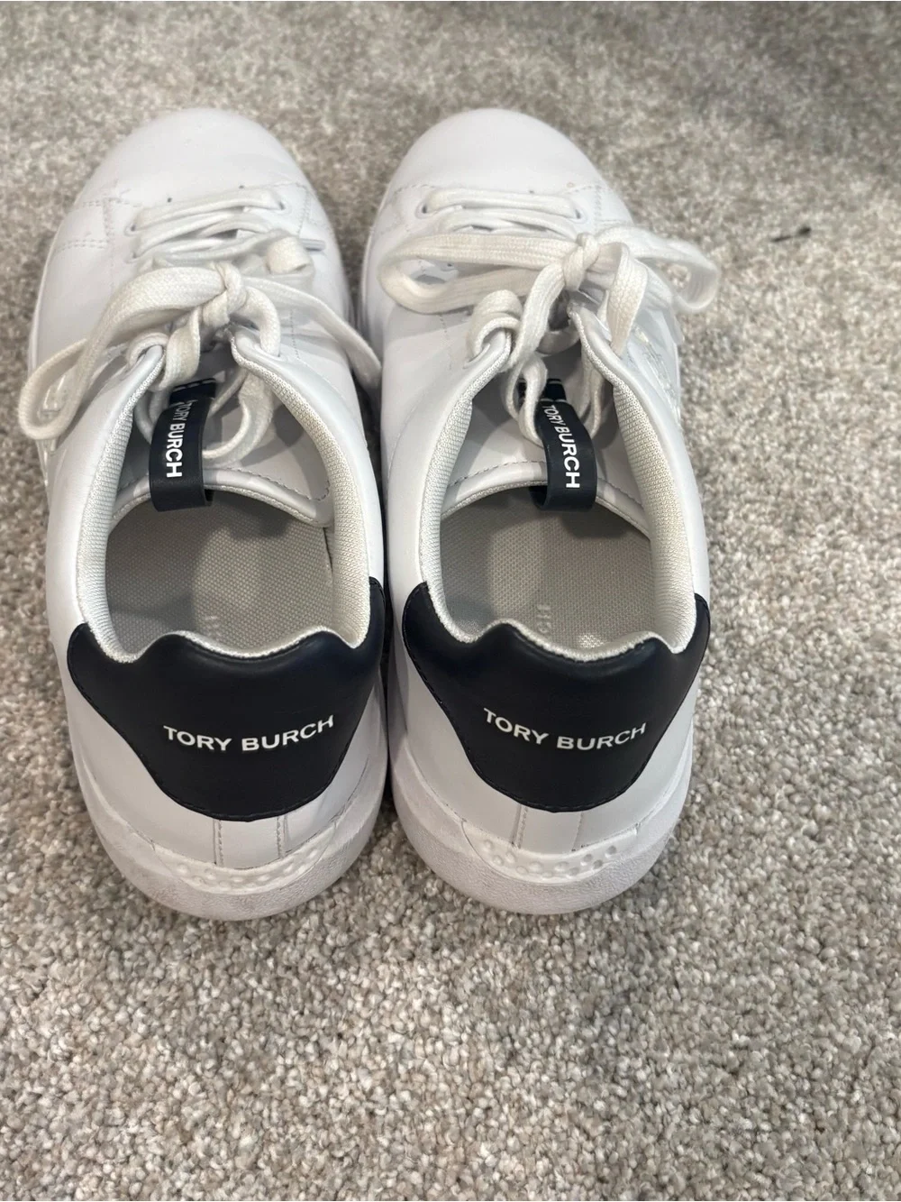 Tory Burch White Slip-On Sneakers with Navy Logo. Size 9.5